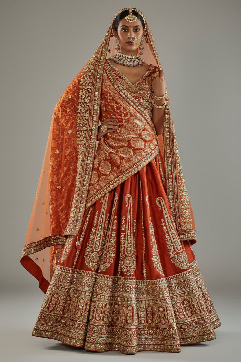 Orange Silk Heavy Worked Bridal Lehenga - orange silk saree Main image