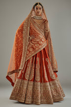 Orange Silk Heavy Worked Bridal Lehenga - orange silk saree