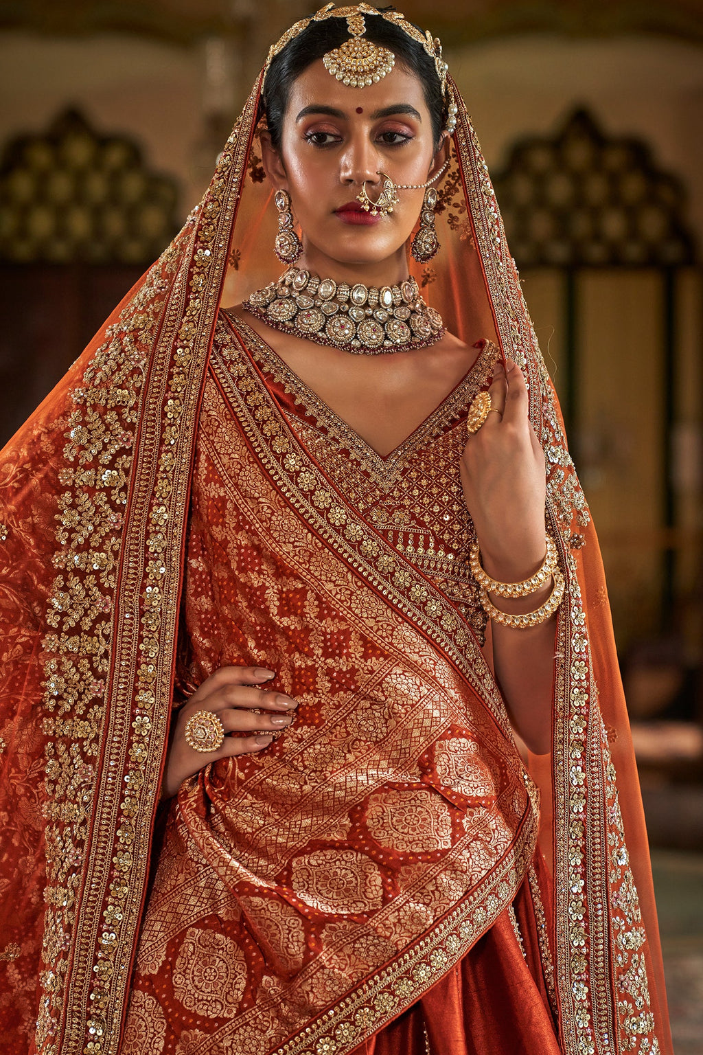 Orange Silk Heavy Worked Bridal Lehenga - orange silk saree