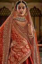 Orange Silk Heavy Worked Bridal Lehenga - orange silk saree