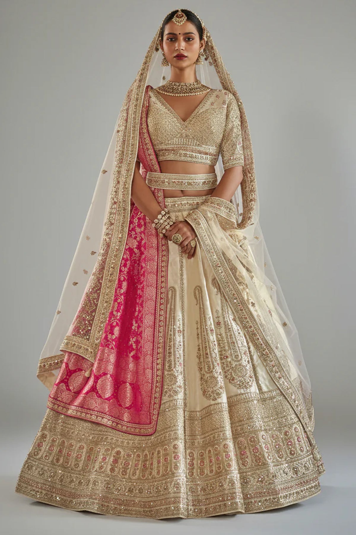 Pearl White Silk Heavy Worked Bridal Lehenga