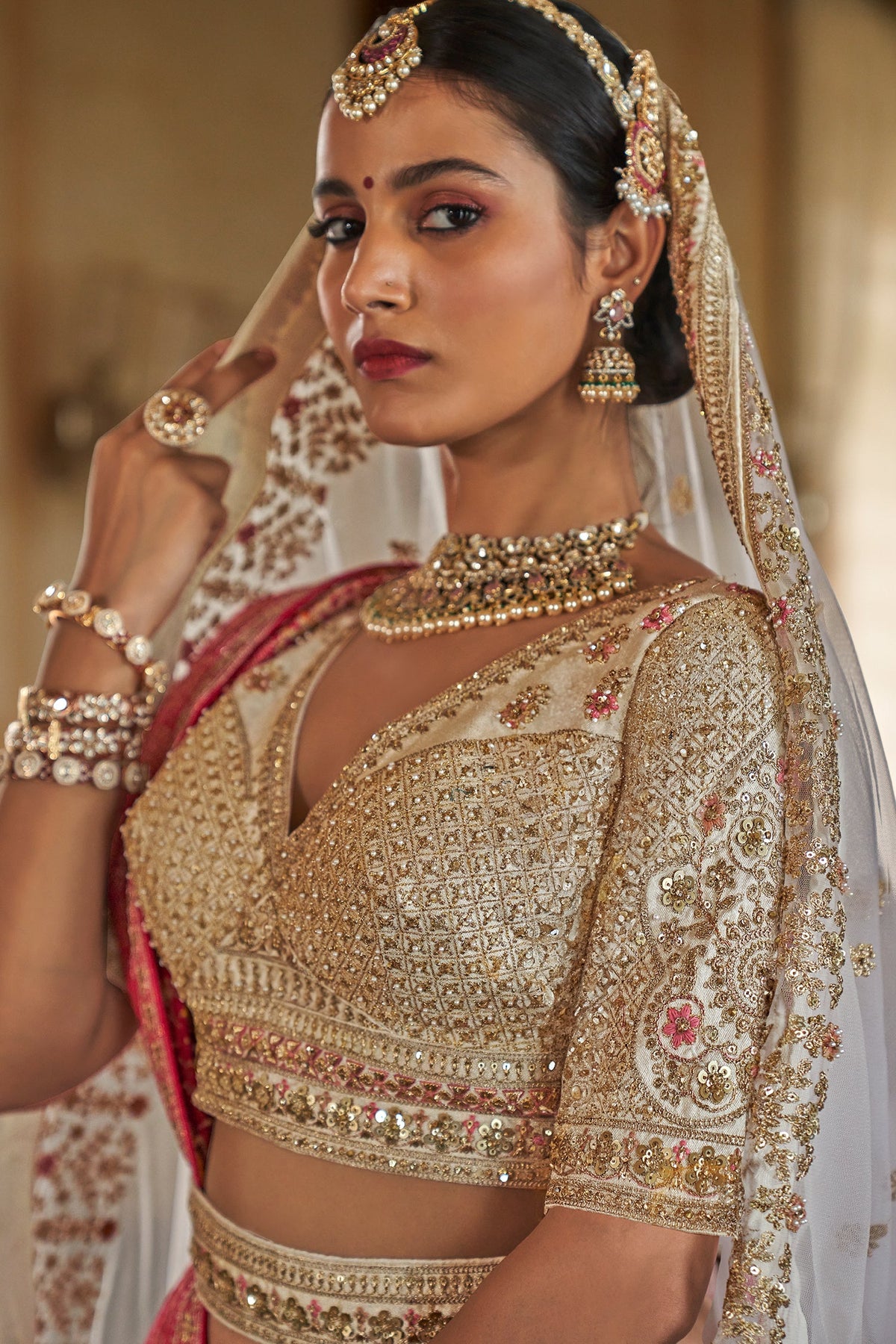 Pearl White Silk Heavy Worked Bridal Lehenga - white silk saree