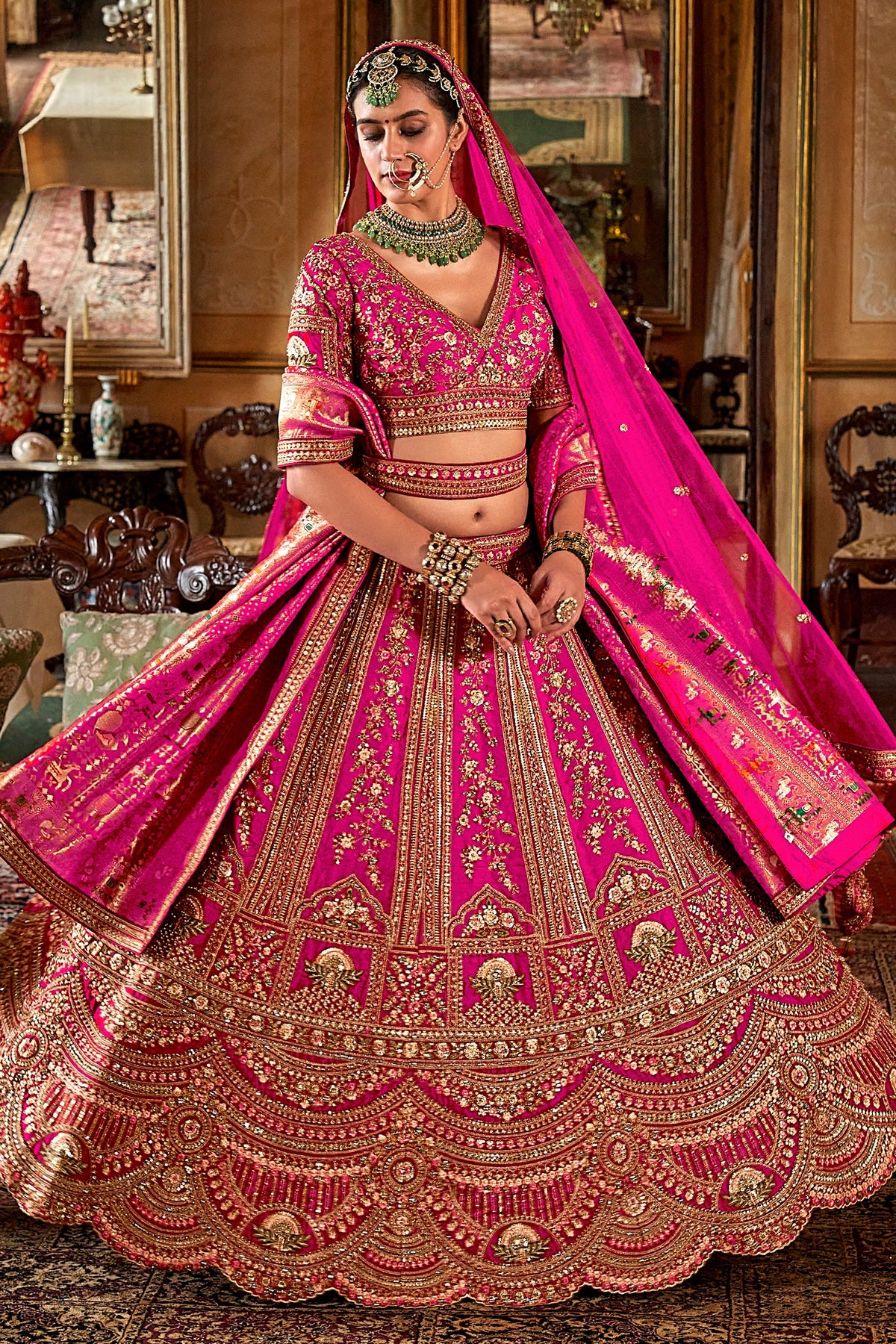 Dark Pink Silk Heavy Worked Bridal Lehenga - pink silk saree