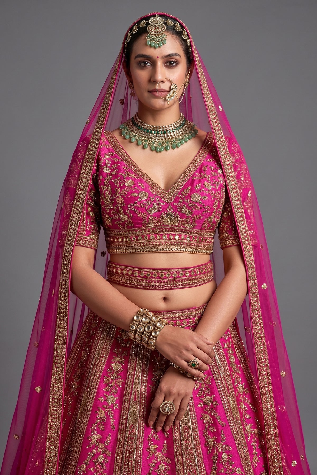 Dark Pink Silk Heavy Worked Bridal Lehenga - pink silk saree