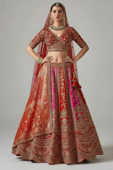 Orange and Pink Silk Heavy Worked Bridal Lehenga