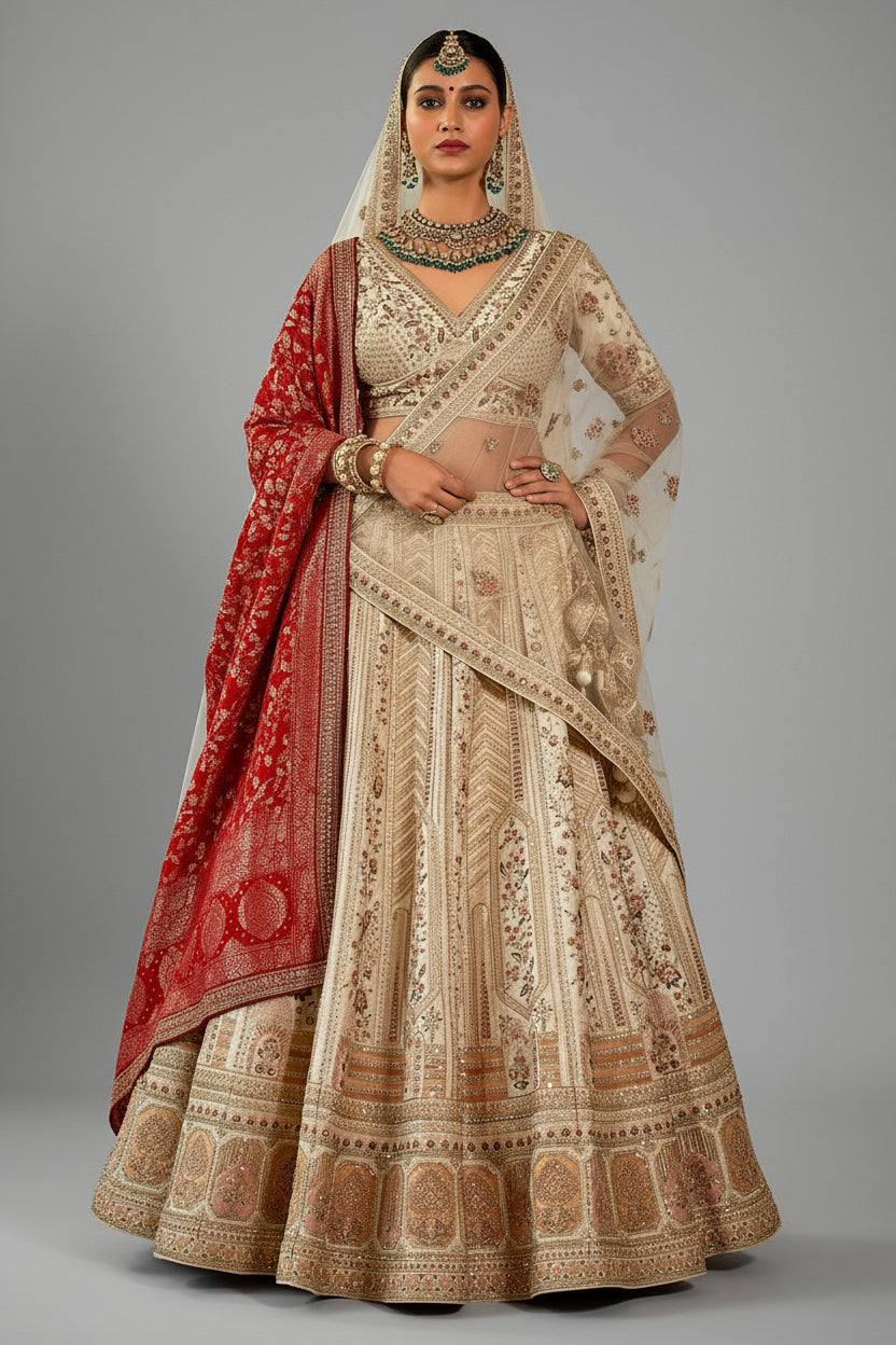 Off White Silk Designer Bridal Lehenga with Double Dupatta