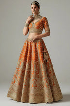 Orange Silk Designer Bridal Lehenga with Double Dupatta - orange silk saree