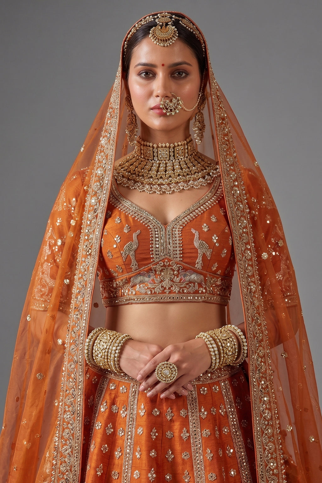 Orange Silk Designer Bridal Lehenga with Double Dupatta - orange silk saree