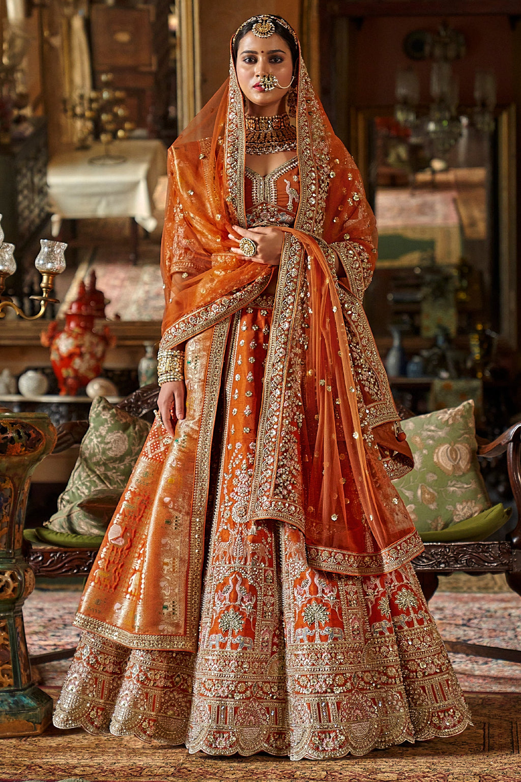 Orange Silk Designer Bridal Lehenga with Double Dupatta - orange silk saree