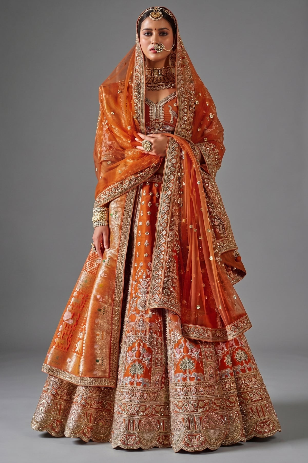 Orange Silk Designer Bridal Lehenga with Double Dupatta