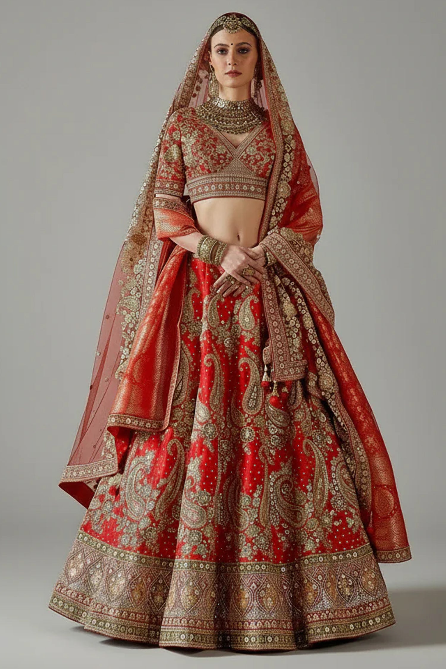 Red Silk Bridal Lehenga with Double Dupatta - red silk saree