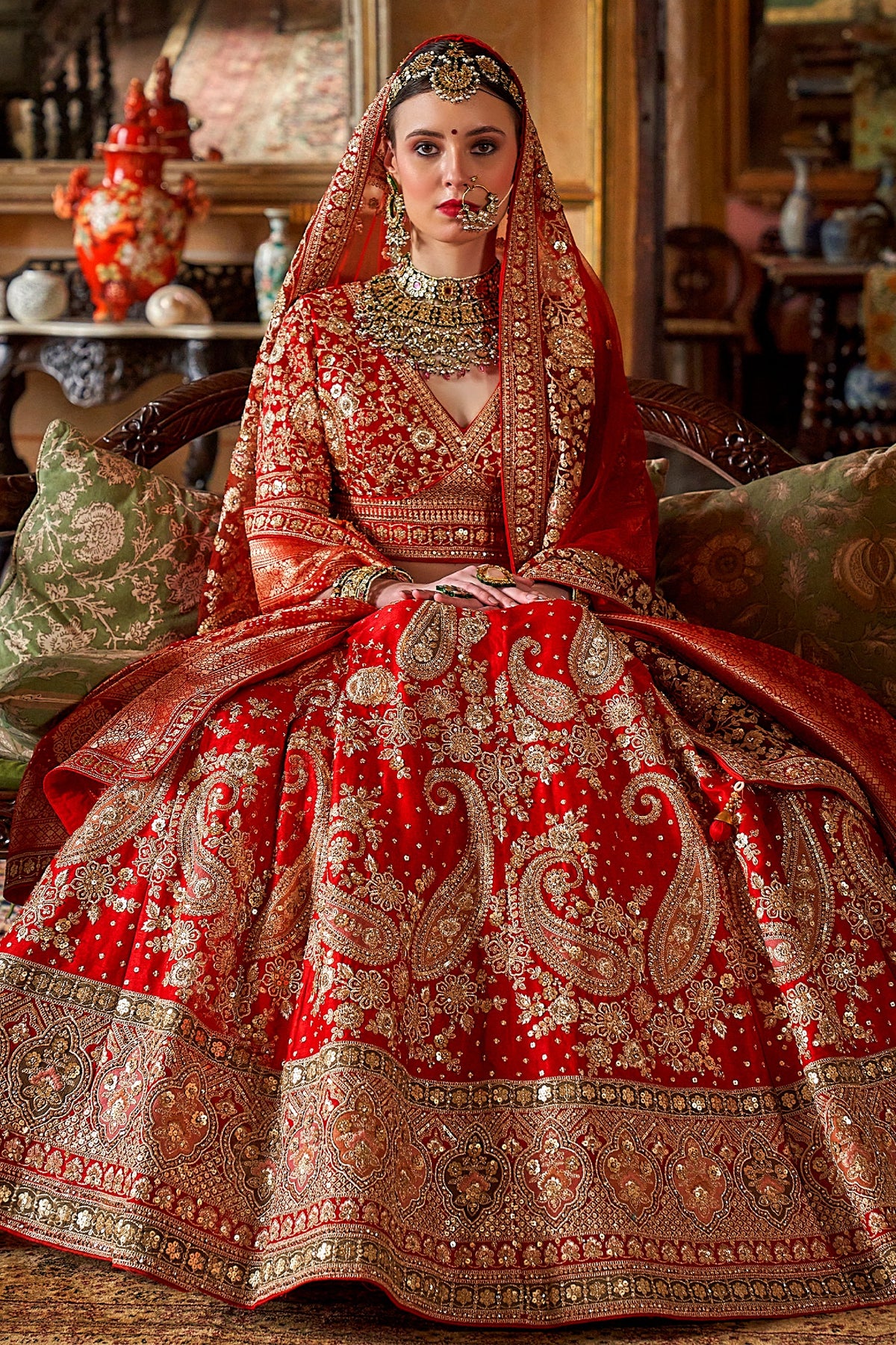 Red Silk Bridal Lehenga with Double Dupatta - red silk saree