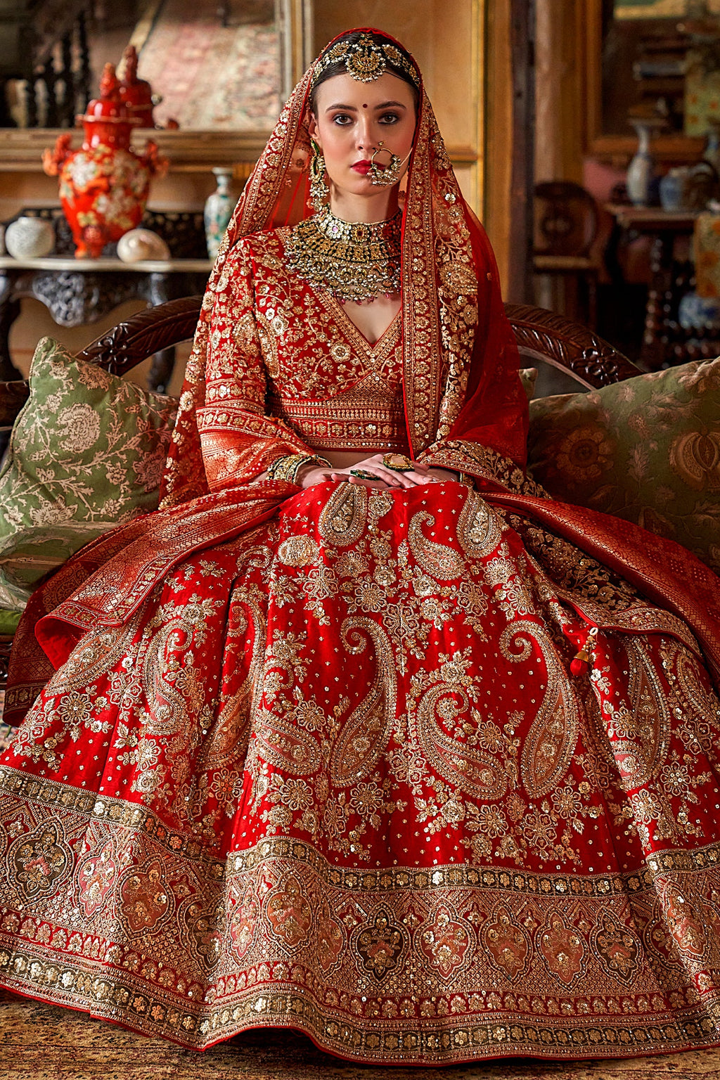 Red Silk Bridal Lehenga with Double Dupatta - red silk saree