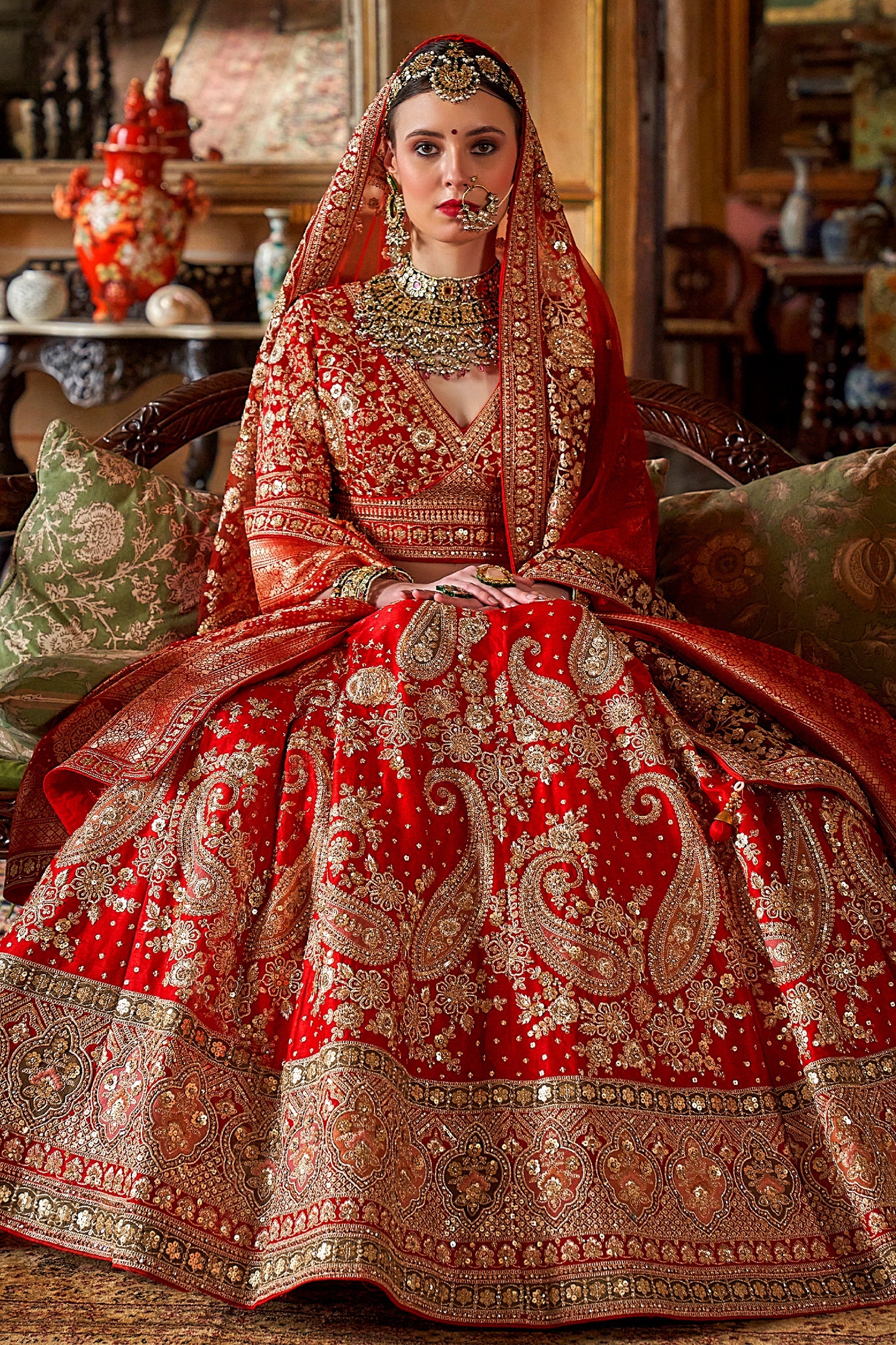 Red Silk Bridal Lehenga with Double Dupatta - red silk saree