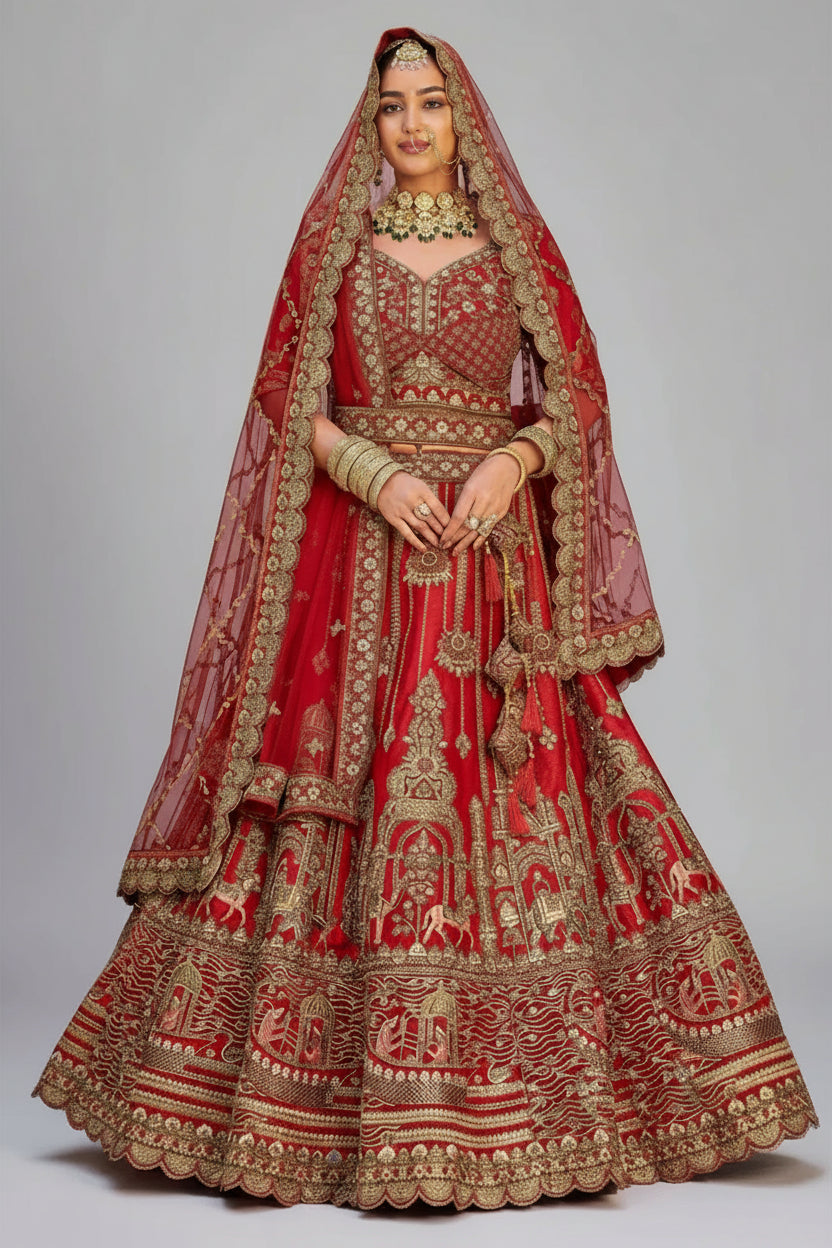 Red Silk Designer Bridal Lehenga with Double Dupatta