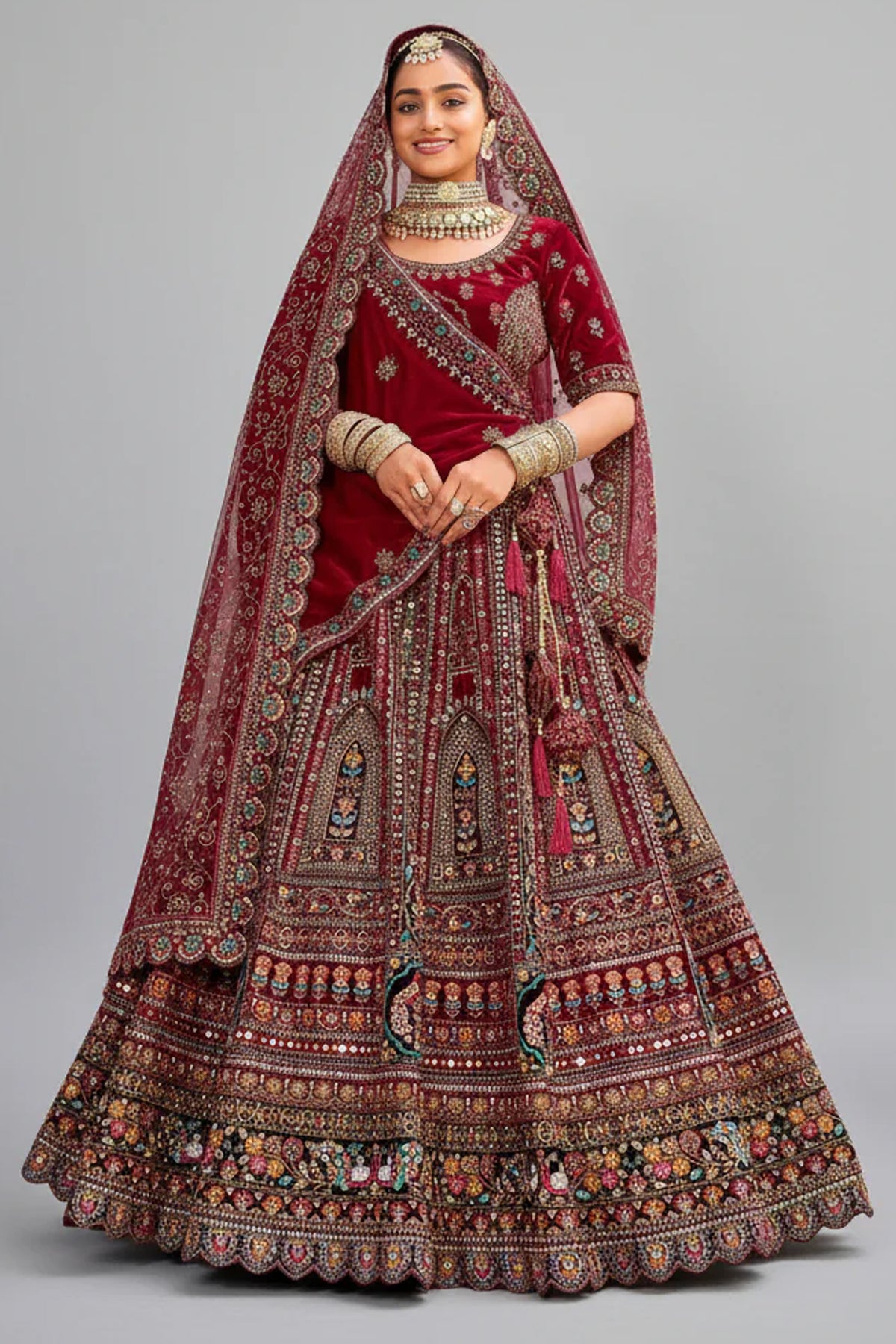 Maroon Velvet Designer Bridal Lehenga with Double Dupatta