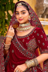 Maroon Velvet Designer Bridal Lehenga with Double Dupatta