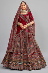 Maroon Velvet Designer Bridal Lehenga with Double Dupatta