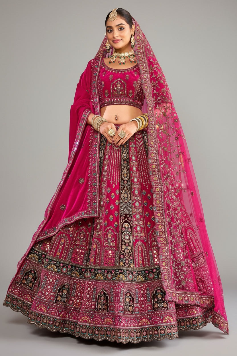Pink Velvet Designer Bridal Lehenga with Double Dupatta