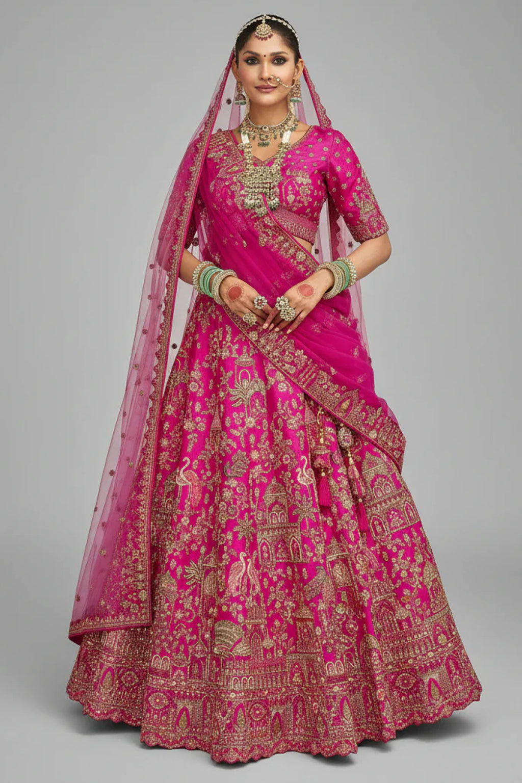 Pink Silk Designer Bridal Lehenga with Double Dupatta - pink silk saree