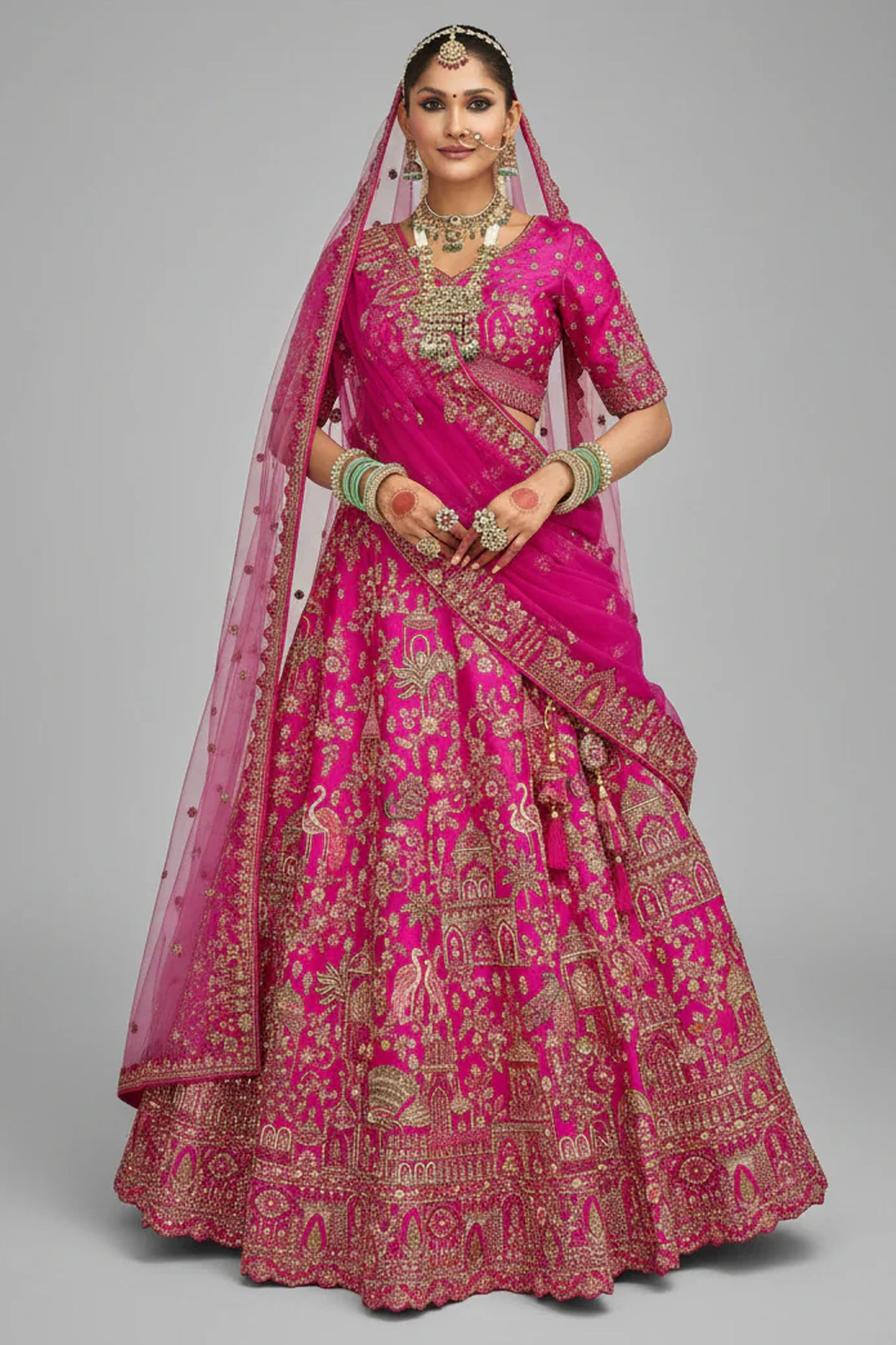 Pink Silk Designer Bridal Lehenga with Double Dupatta - pink silk saree