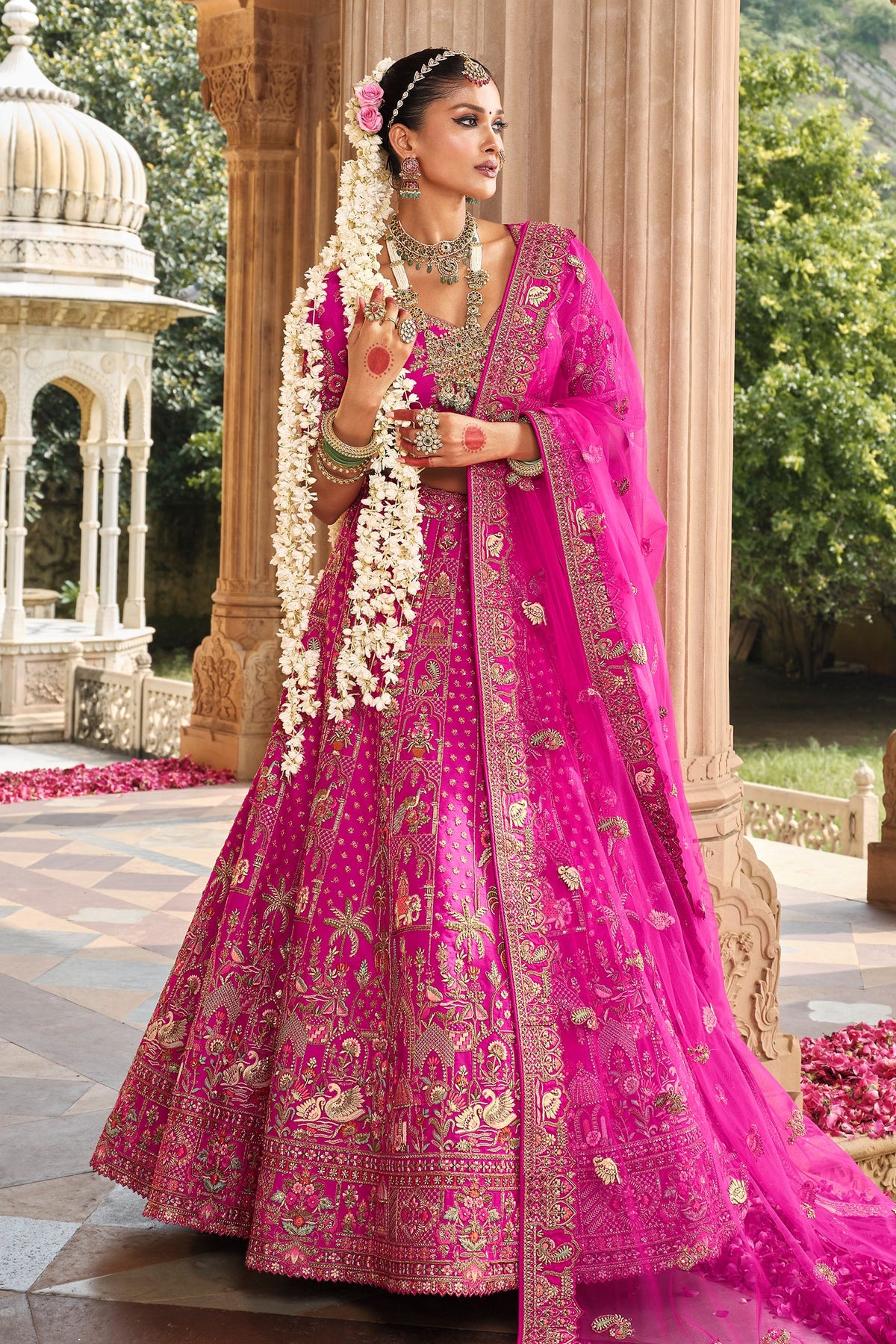 Rani Pink Silk Heavy Worked Bridal Lehenga - pink silk saree