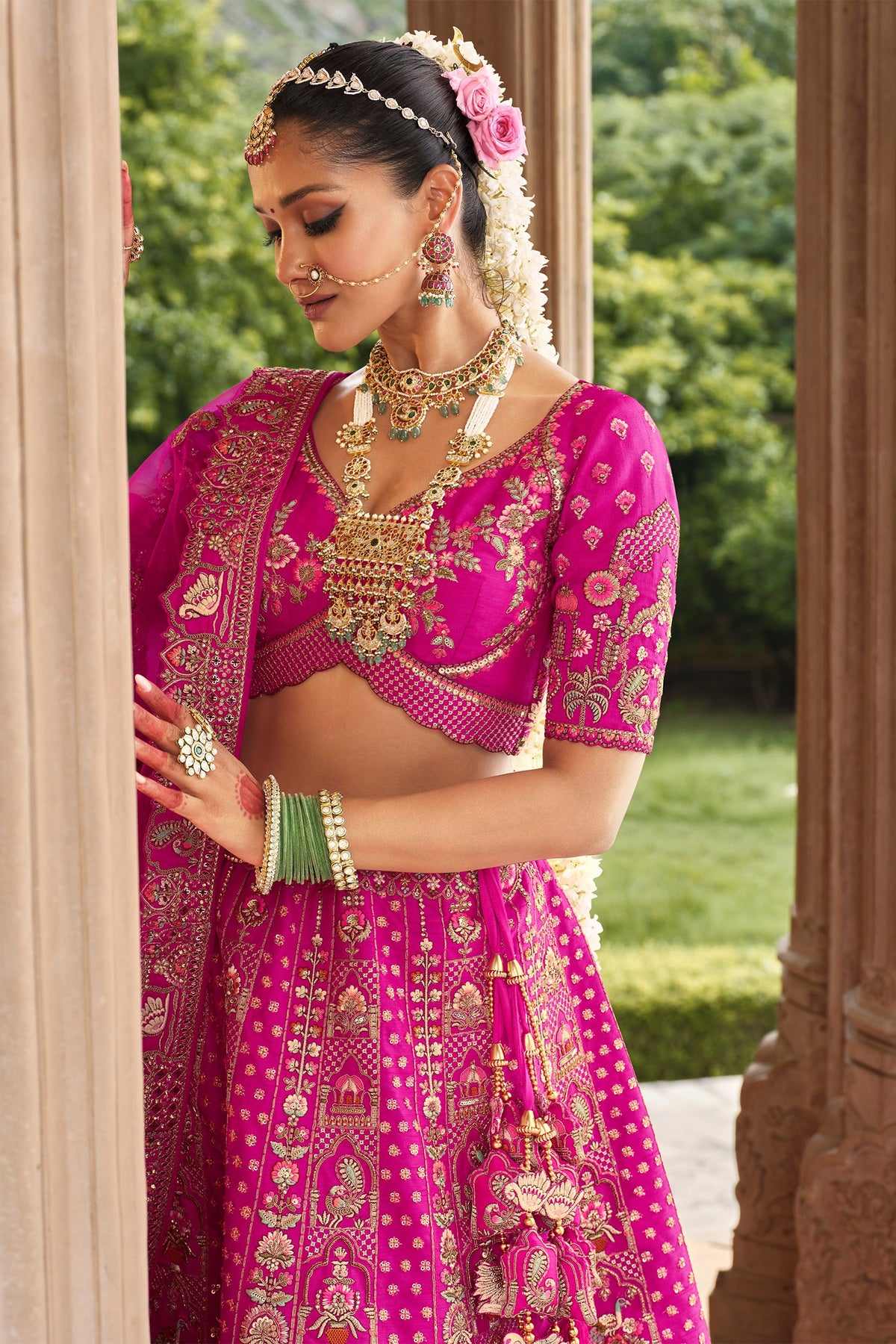 Rani Pink Silk Heavy Worked Bridal Lehenga - pink silk saree