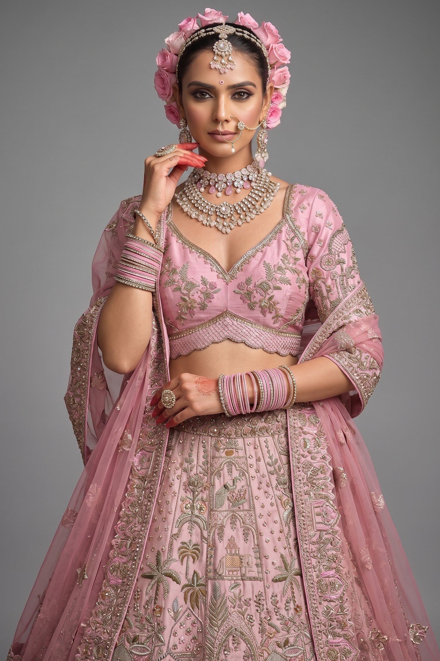 Light Pink Silk Heavy Worked Bridal Lehenga - pink silk saree