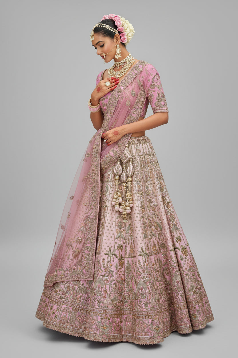 Light Pink Silk Heavy Worked Bridal Lehenga - pink silk saree