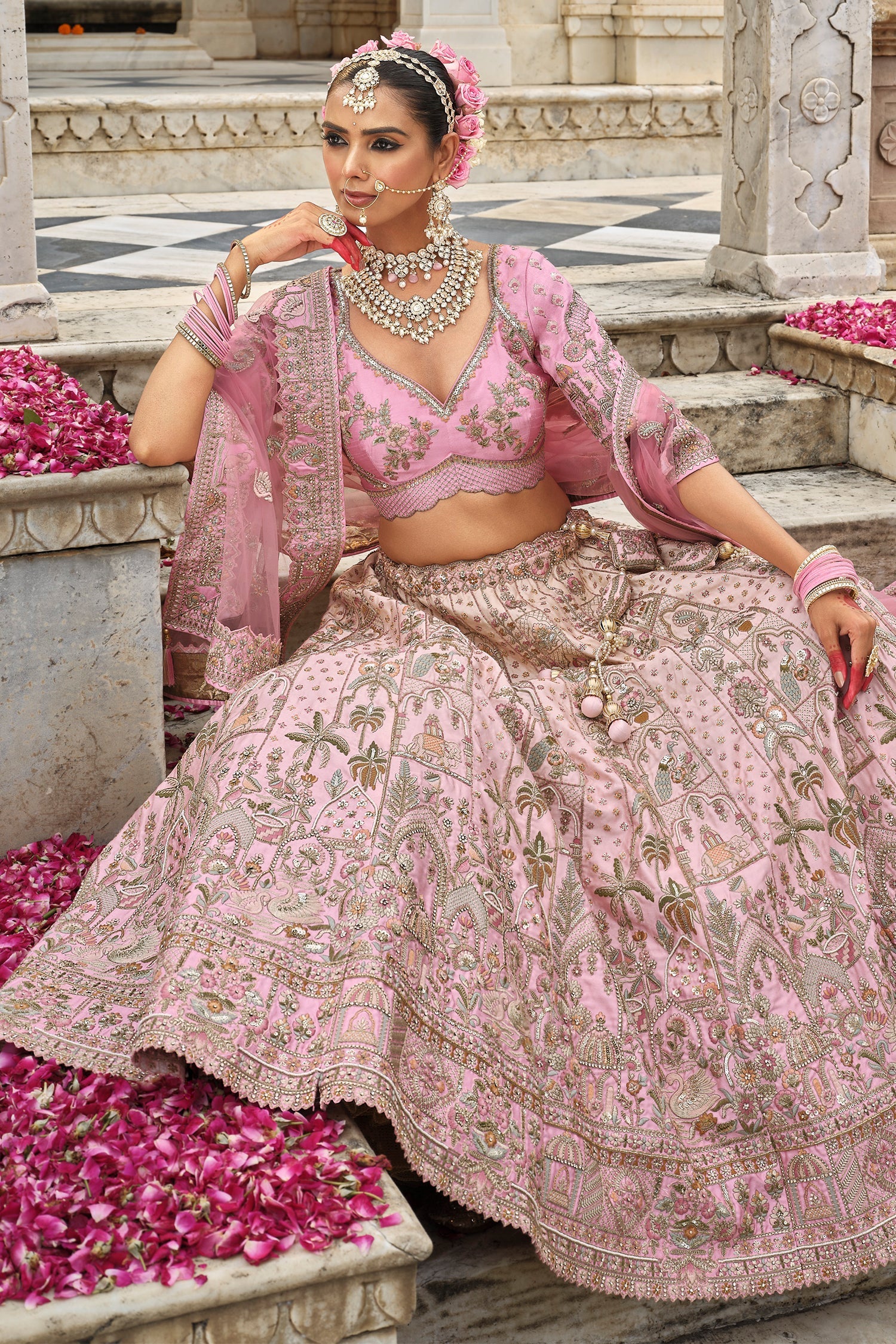 Light Pink Silk Heavy Worked Bridal Lehenga - pink silk saree