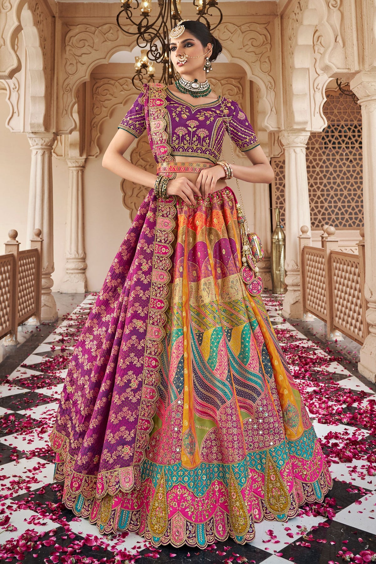 Multi Colored Silk Zari Woven Traditional Lehenga