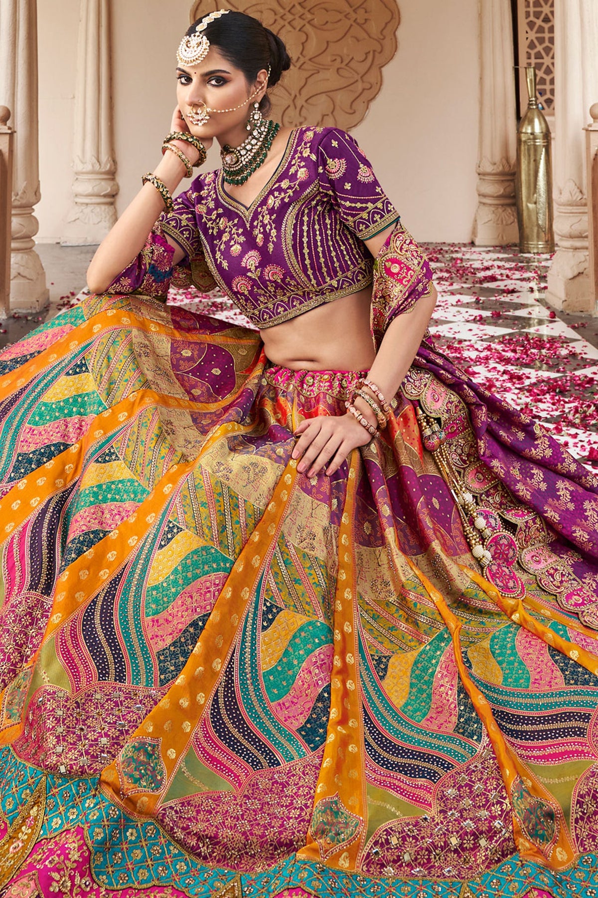 Multi Colored Silk Zari Woven Traditional Lehenga - red silk saree zari