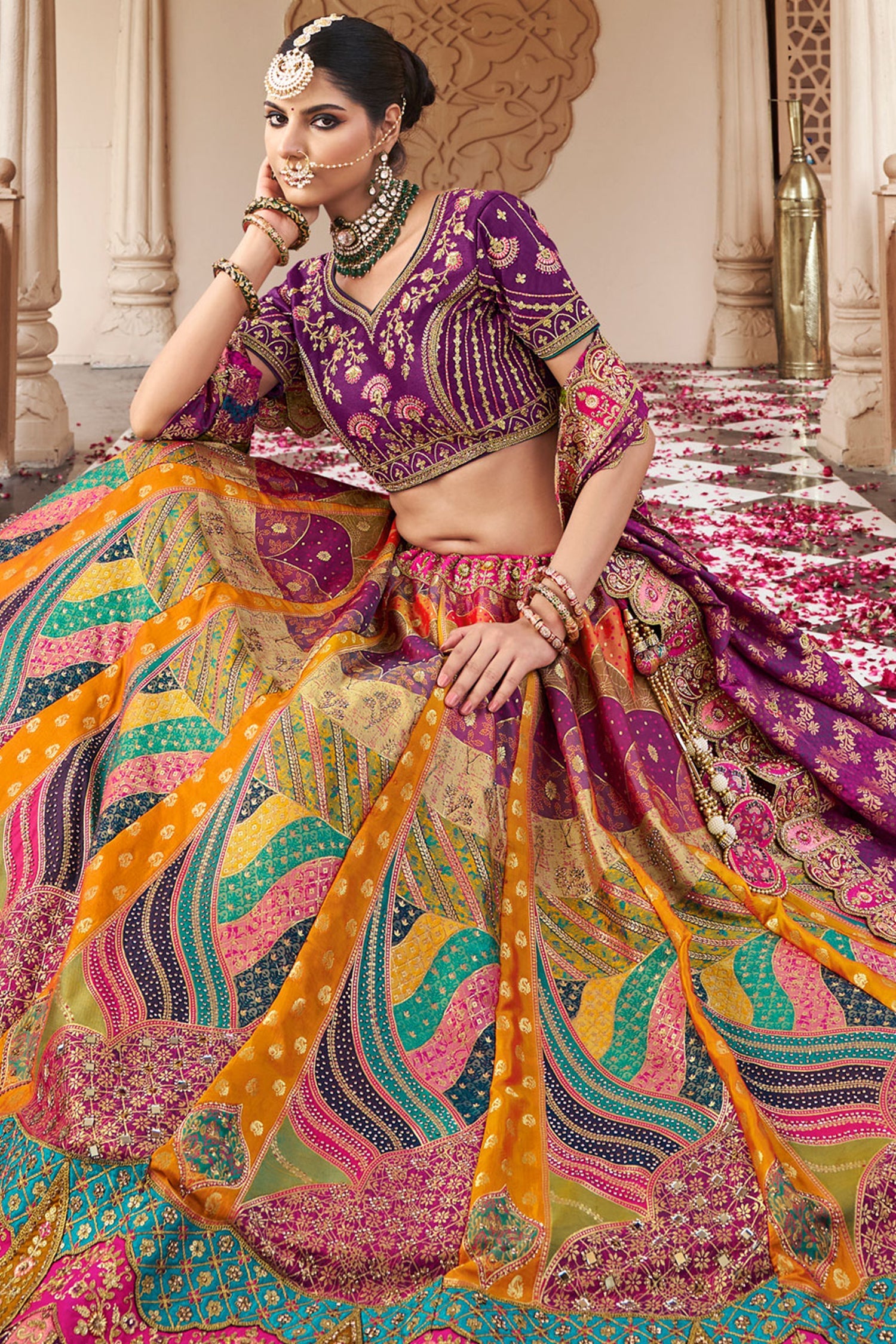 Multi Colored Silk Zari Woven Traditional Lehenga - red silk saree zari