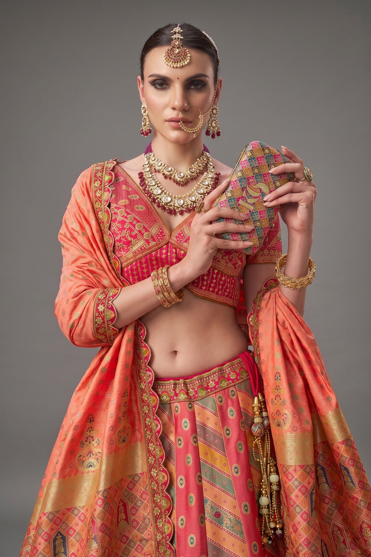 Pink and Peach Silk Zari Woven Traditional Lehenga - peach silk saree zari