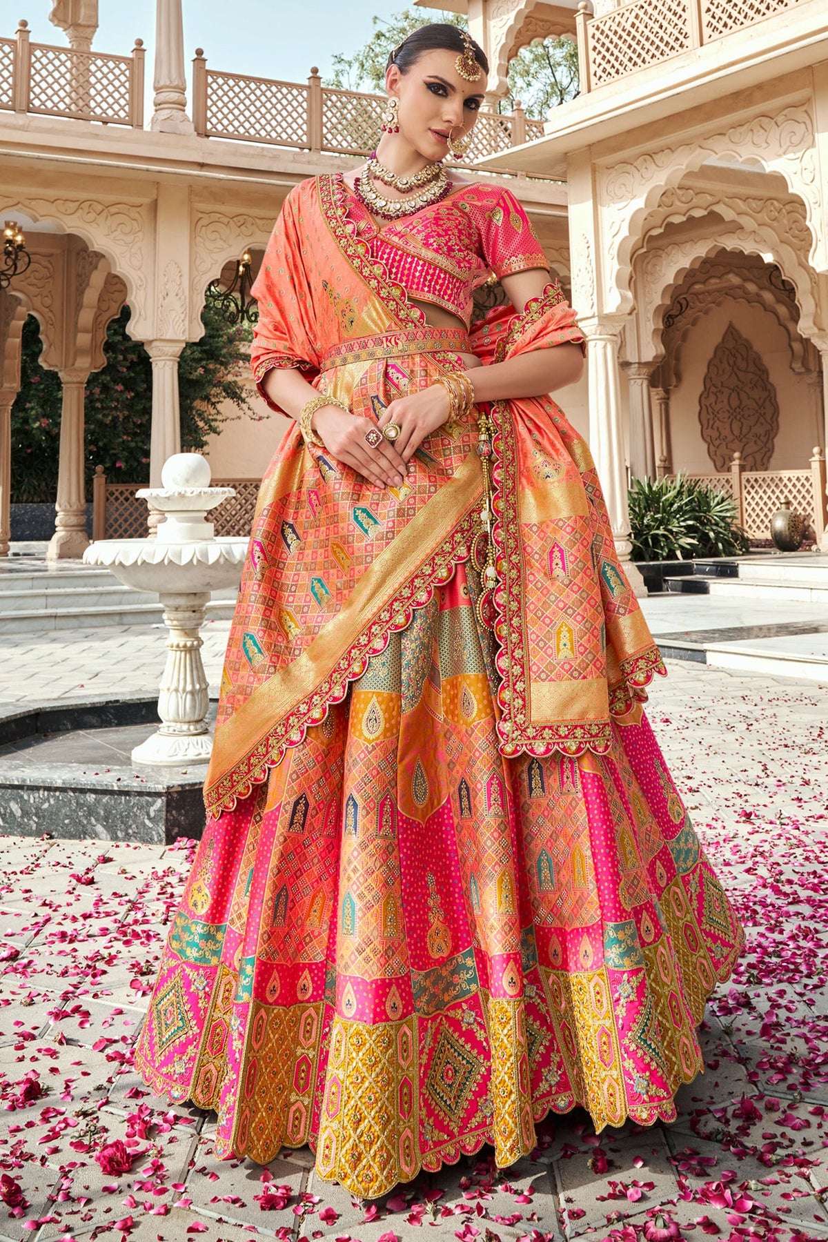 Pink and Peach Silk Zari Woven Traditional Lehenga