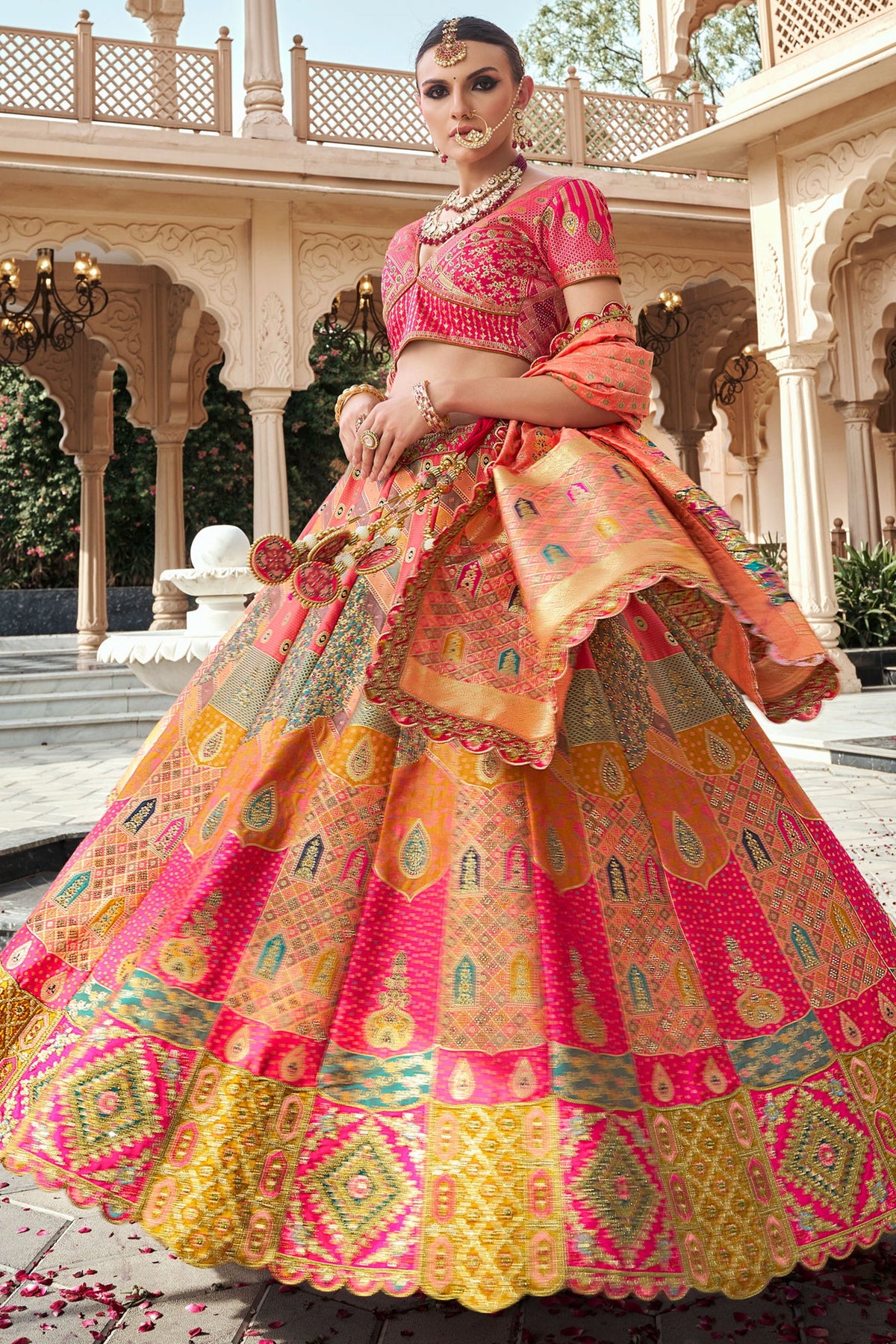 Pink and Peach Silk Zari Woven Traditional Lehenga - peach silk saree zari