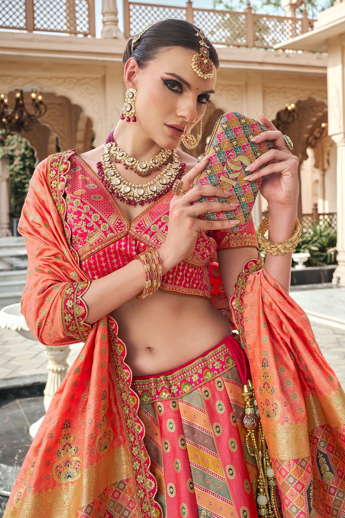 Pink and Peach Silk Zari Woven Traditional Lehenga - peach silk saree zari