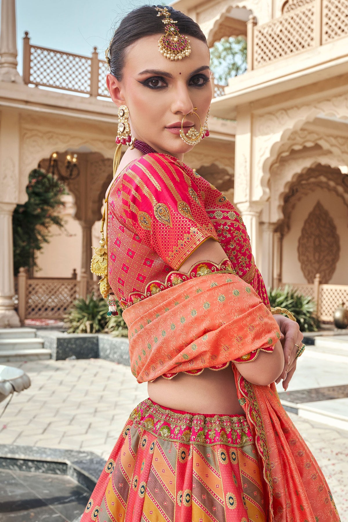 Pink and Peach Silk Zari Woven Traditional Lehenga - peach silk saree zari