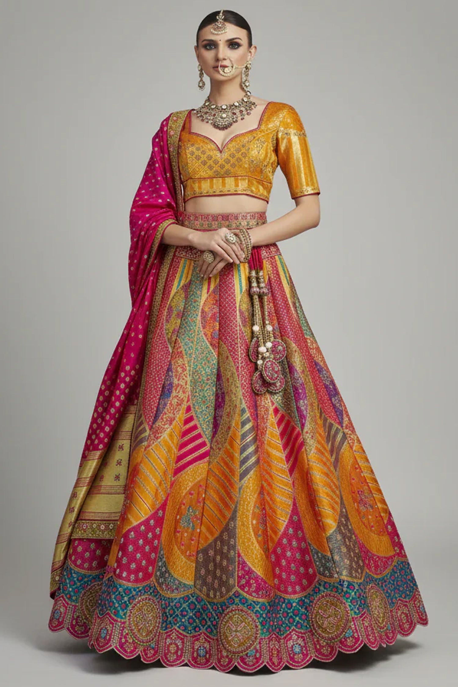 Pink and Mustard Silk Zari Woven Traditional Lehenga - mustard silk saree zari Main image