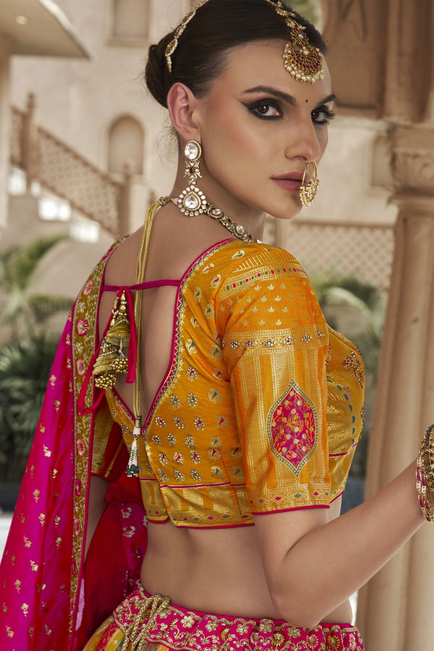 Pink and Mustard Silk Zari Woven Traditional Lehenga - mustard silk saree zari