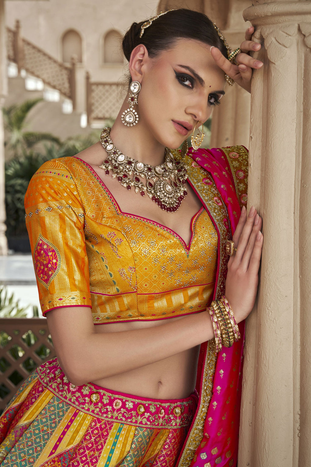 Pink and Mustard Silk Zari Woven Traditional Lehenga - mustard silk saree zari