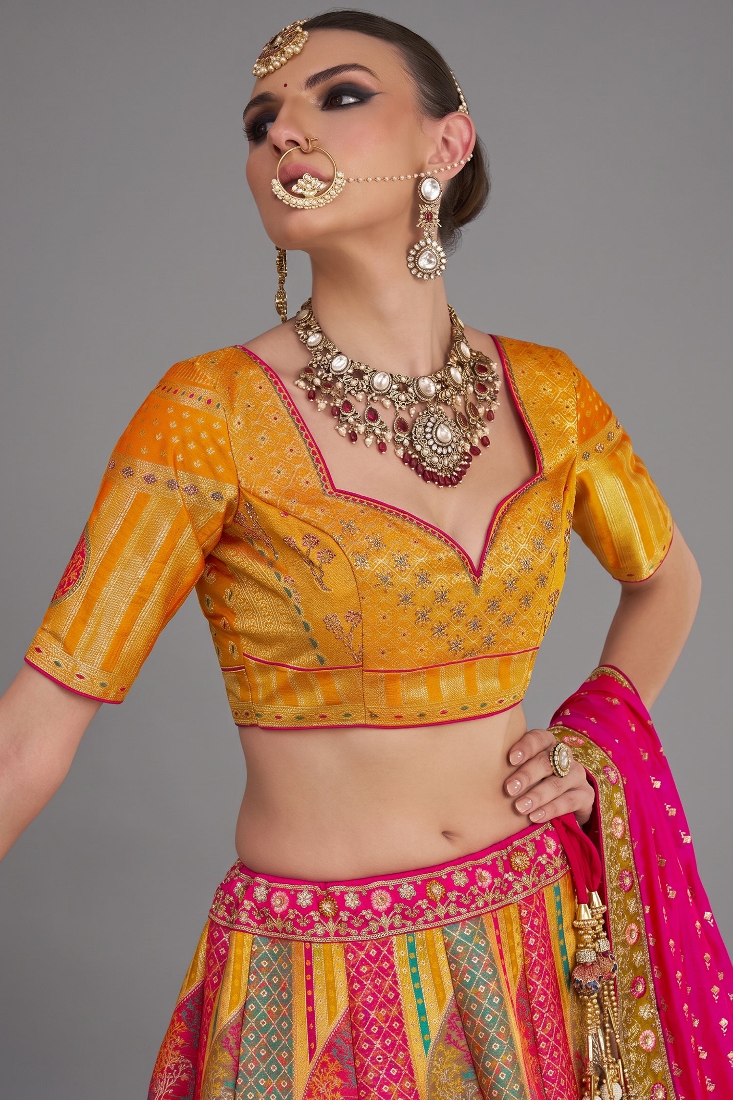 Pink and Mustard Silk Zari Woven Traditional Lehenga Secondary image