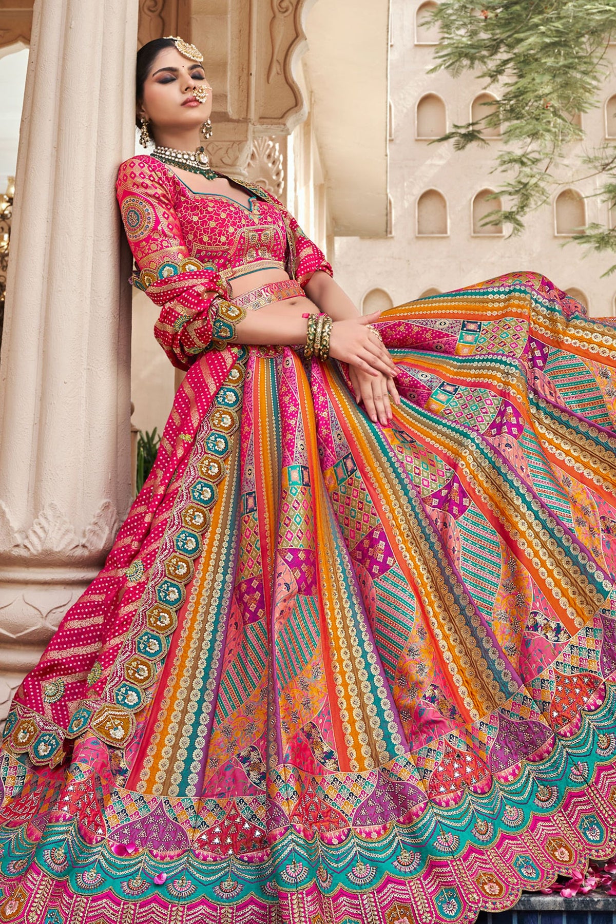 Multi Colored Silk Traditional Woven Lehenga - red silk saree