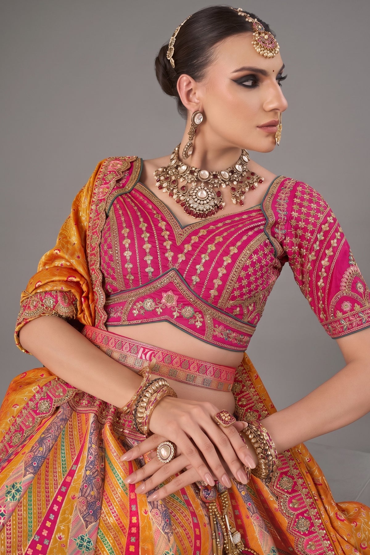 Pink and Mustard Silk Traditional Woven Lehenga - mustard silk saree