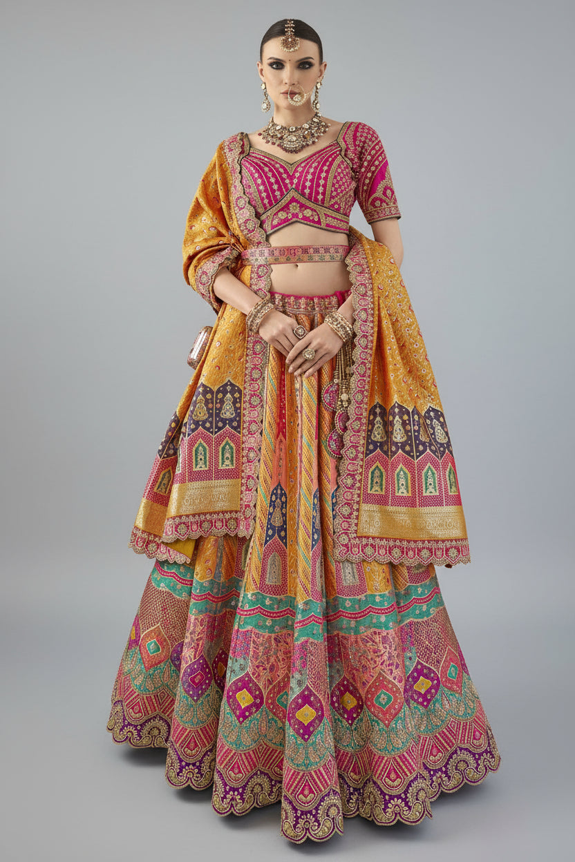 Pink and Mustard Silk Traditional Woven Lehenga - mustard silk saree Main image