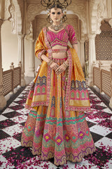 Pink and Mustard Silk Traditional Woven Lehenga