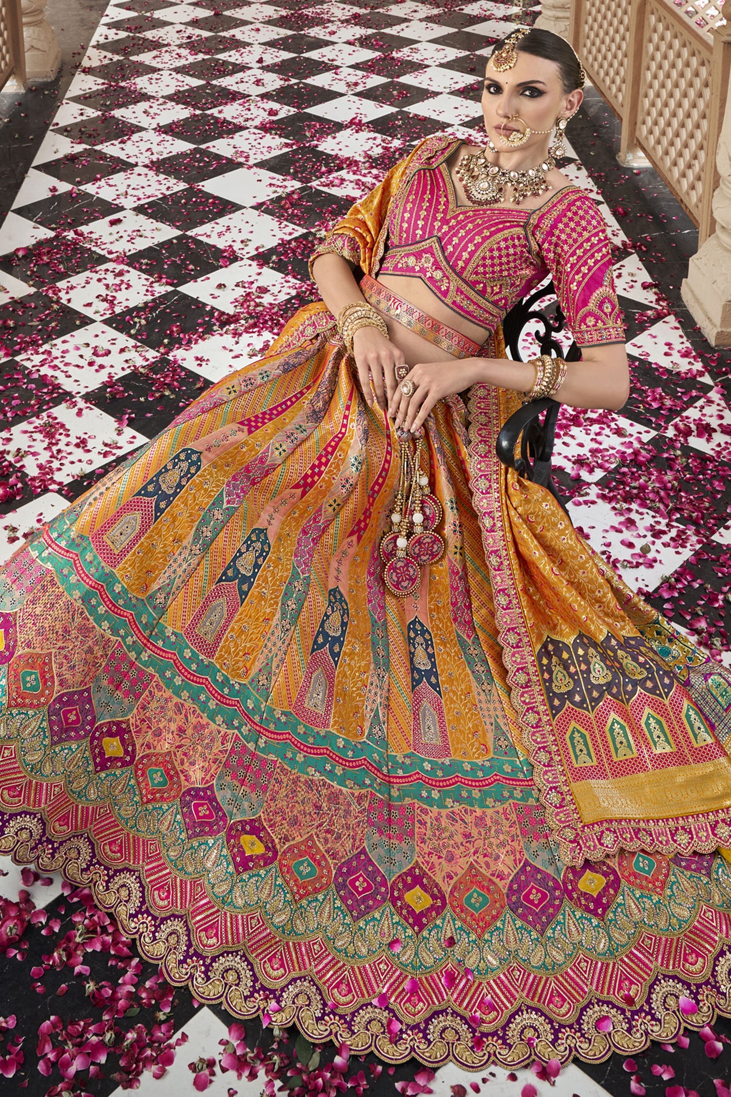 Pink and Mustard Silk Traditional Woven Lehenga