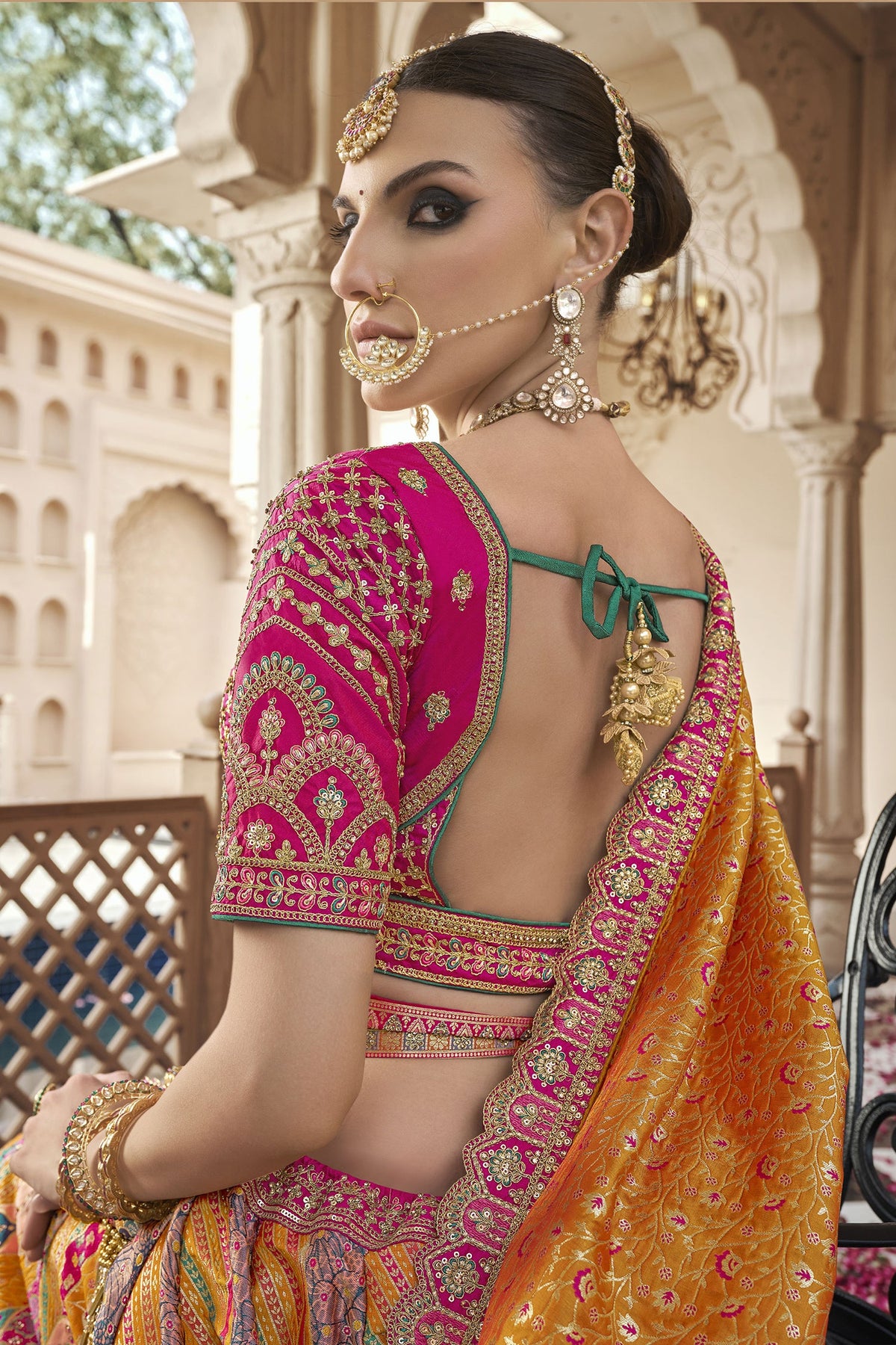 Pink and Mustard Silk Traditional Woven Lehenga - mustard silk saree