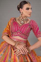 Pink and Mustard Silk Traditional Woven Lehenga - mustard silk saree