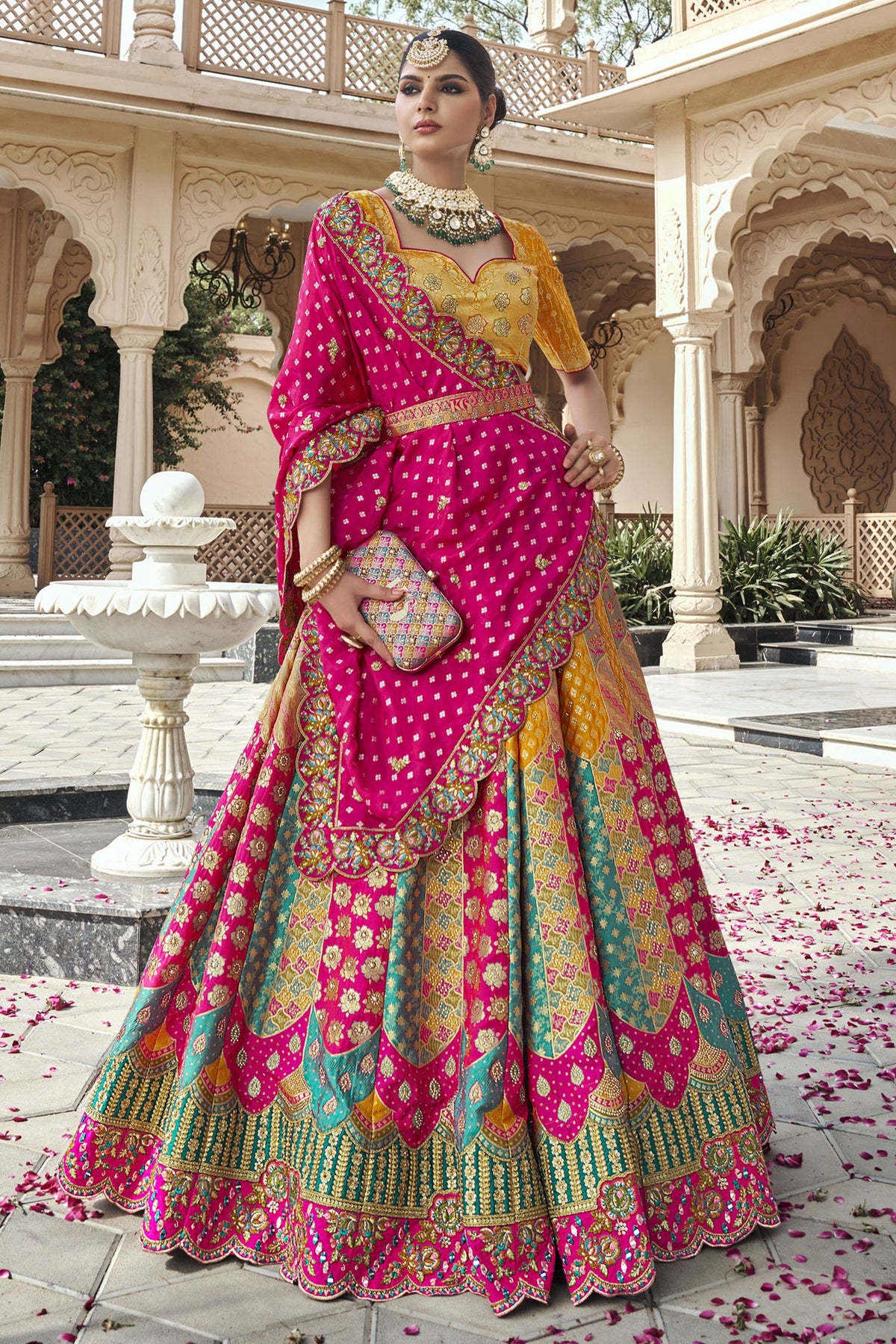 Pink and Mustard Silk Traditional Woven Lehenga with Banarasi Dupatta